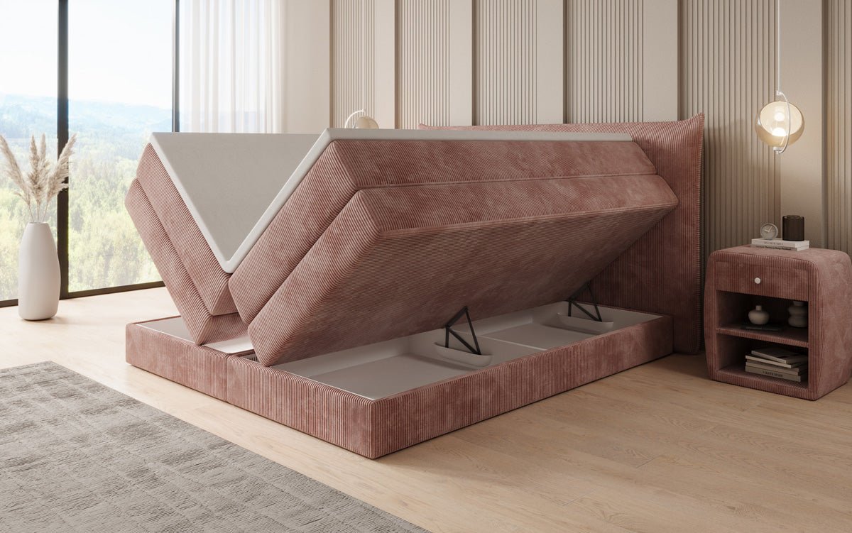 Lit boxspring Liana avec rangement relevable en côtelé