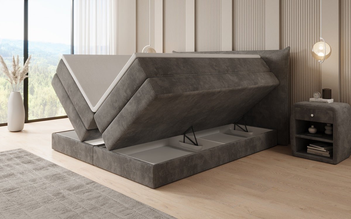 Lit boxspring Liana avec rangement relevable en côtelé