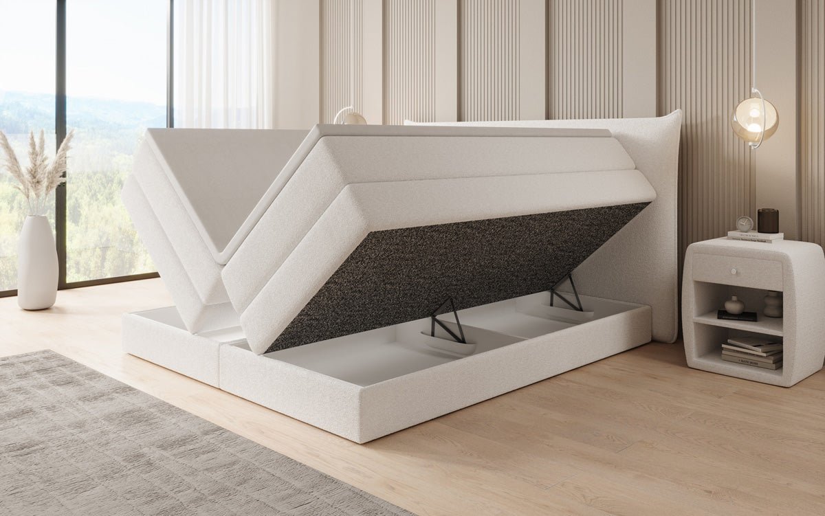 Lit boxspring Liana avec rangement relevable en Peluche Bouclé