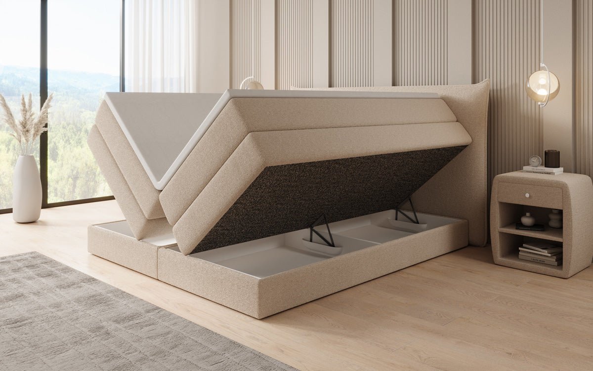 Lit boxspring Liana avec rangement relevable en Peluche Bouclé