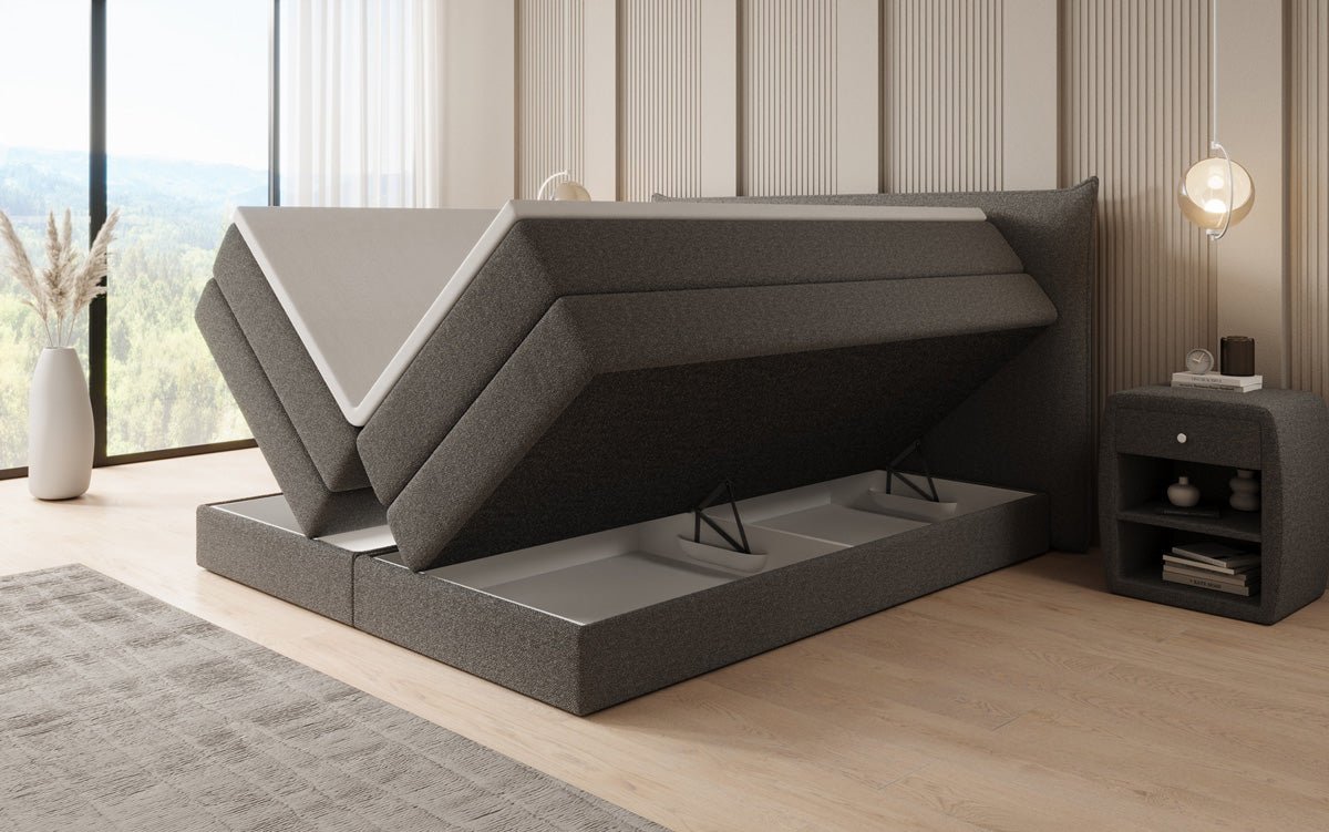 Lit boxspring Liana avec rangement relevable en Peluche Bouclé