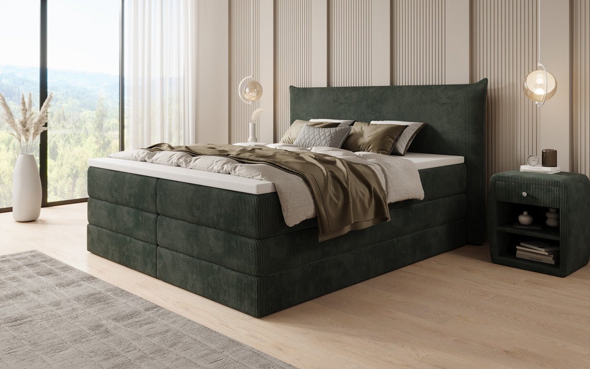 Lit boxspring Liana avec rangement relevable en côtelé