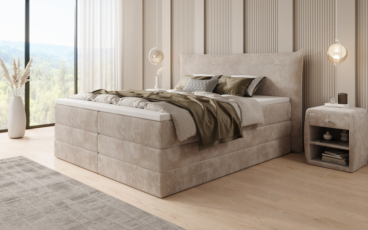 Lit boxspring Liana avec rangement relevable en côtelé