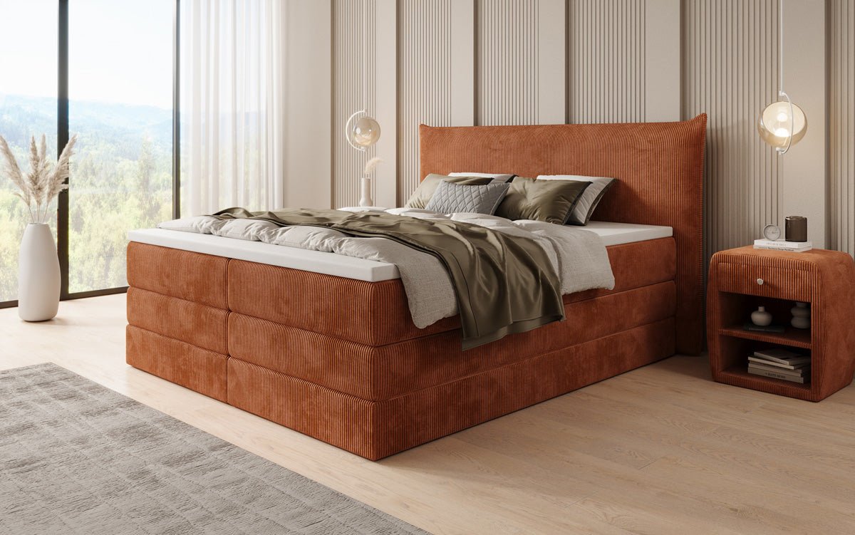Lit boxspring Liana avec rangement relevable en côtelé