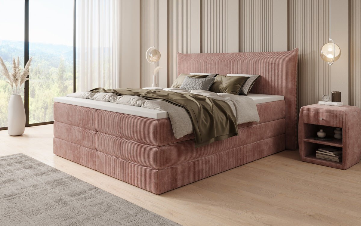Lit boxspring Liana avec rangement relevable en côtelé