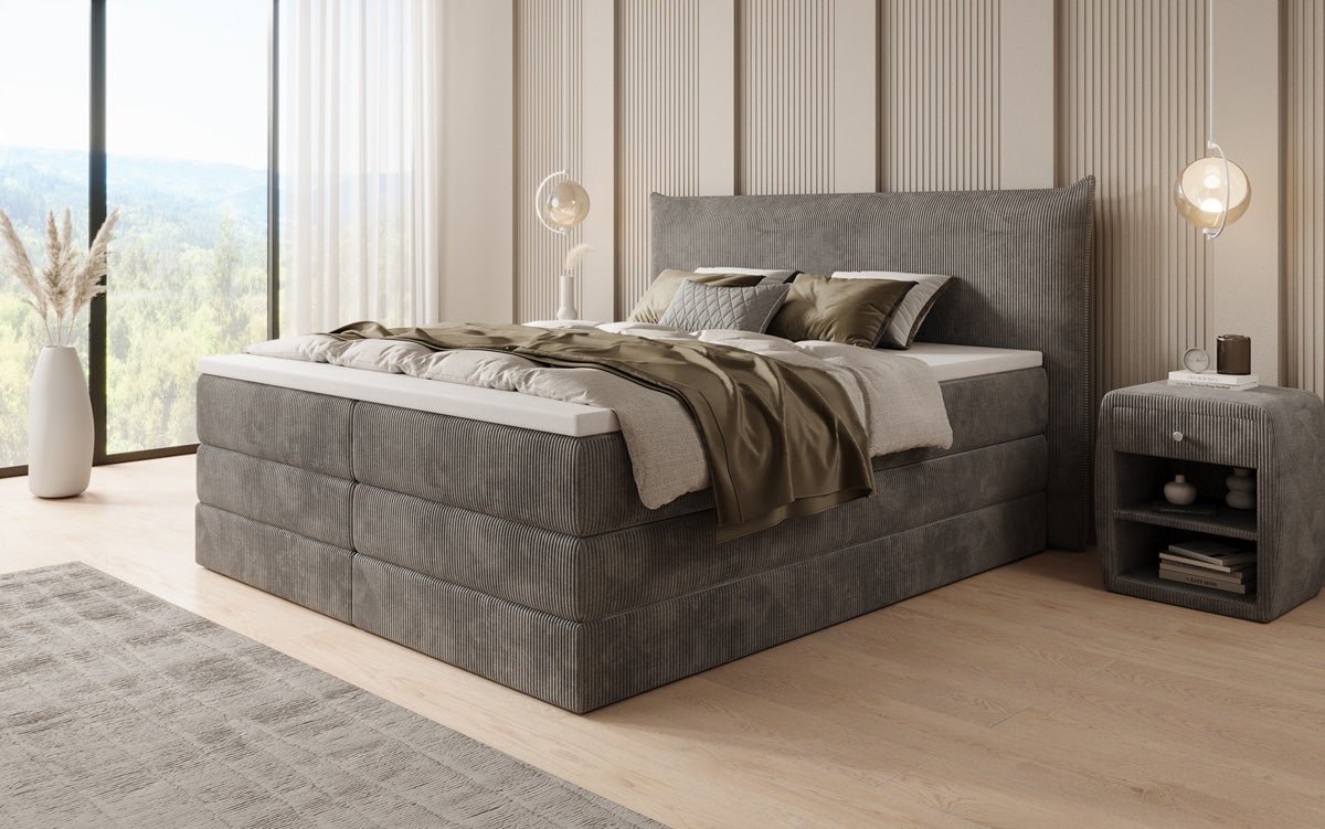 Lit boxspring Liana avec rangement relevable en côtelé