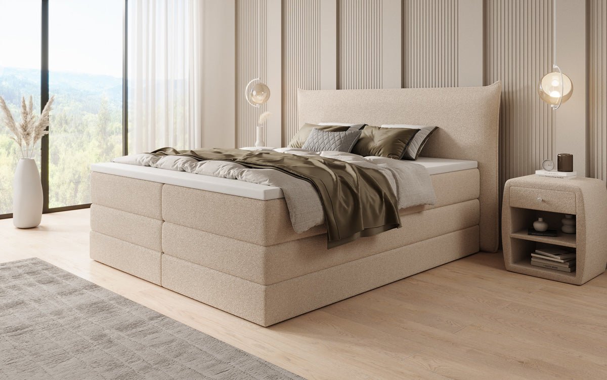 Lit boxspring Liana avec rangement relevable en Peluche Bouclé
