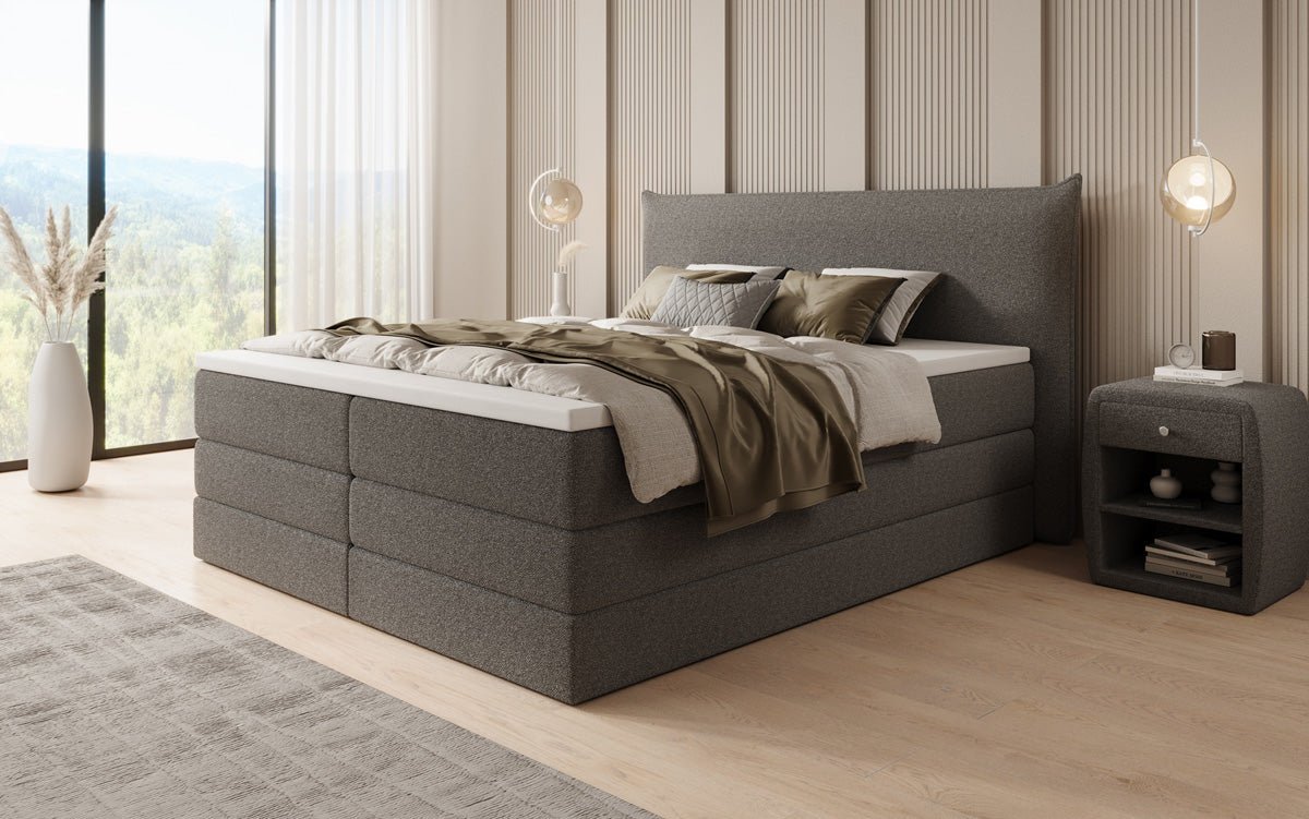Lit boxspring Liana avec rangement relevable en Peluche Bouclé