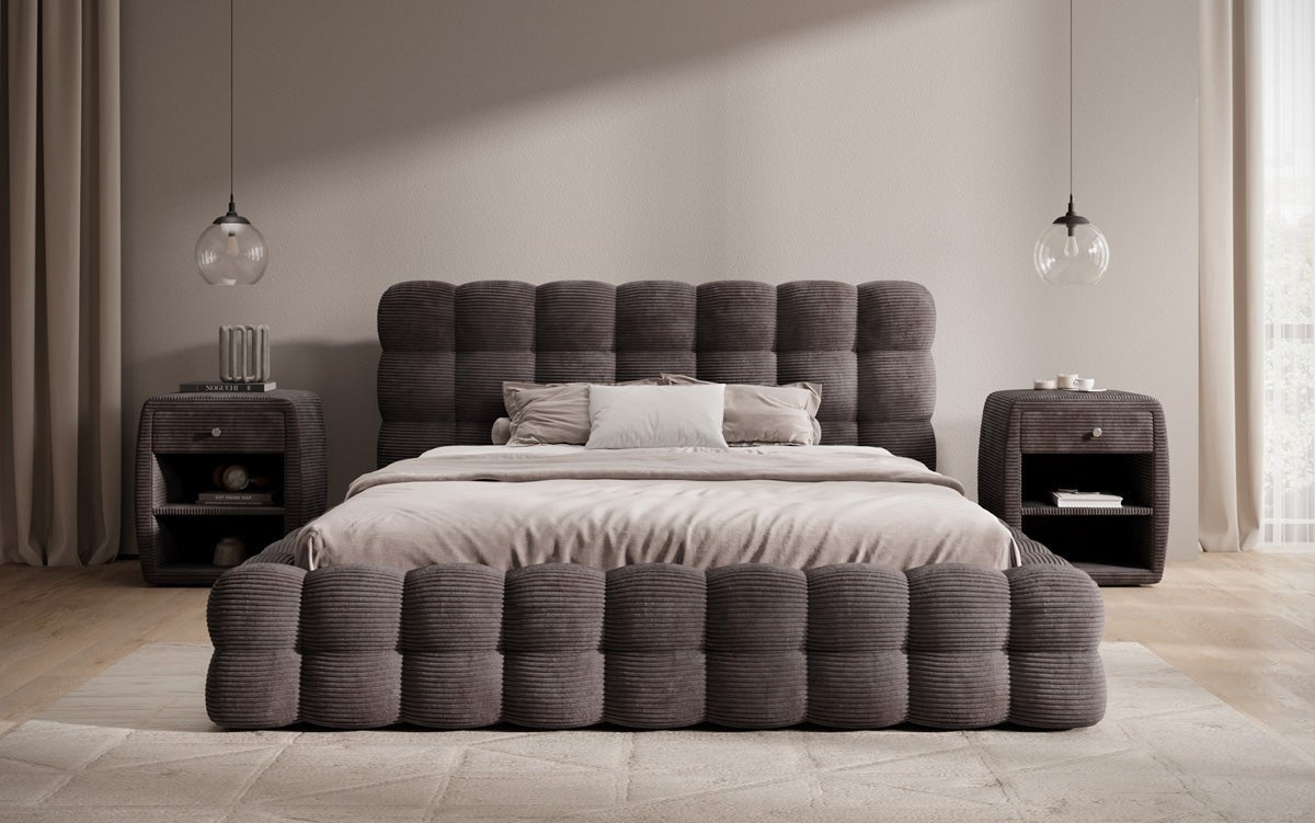 Lit rembourré design Calimo en côtelé avec rangement