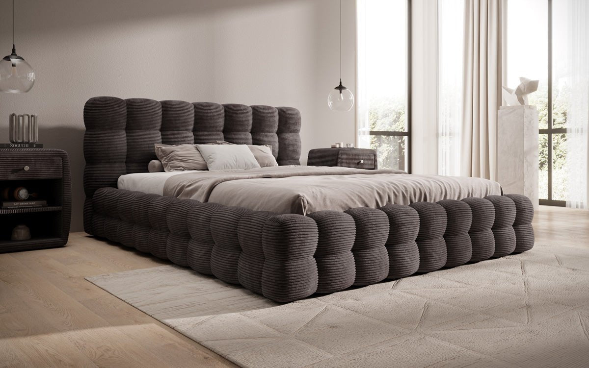 Lit rembourré design Calimo en côtelé avec rangement