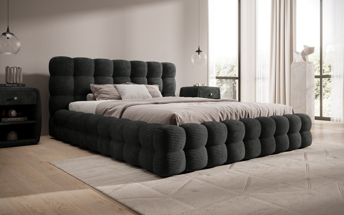 Lit rembourré design Calimo en côtelé avec rangement