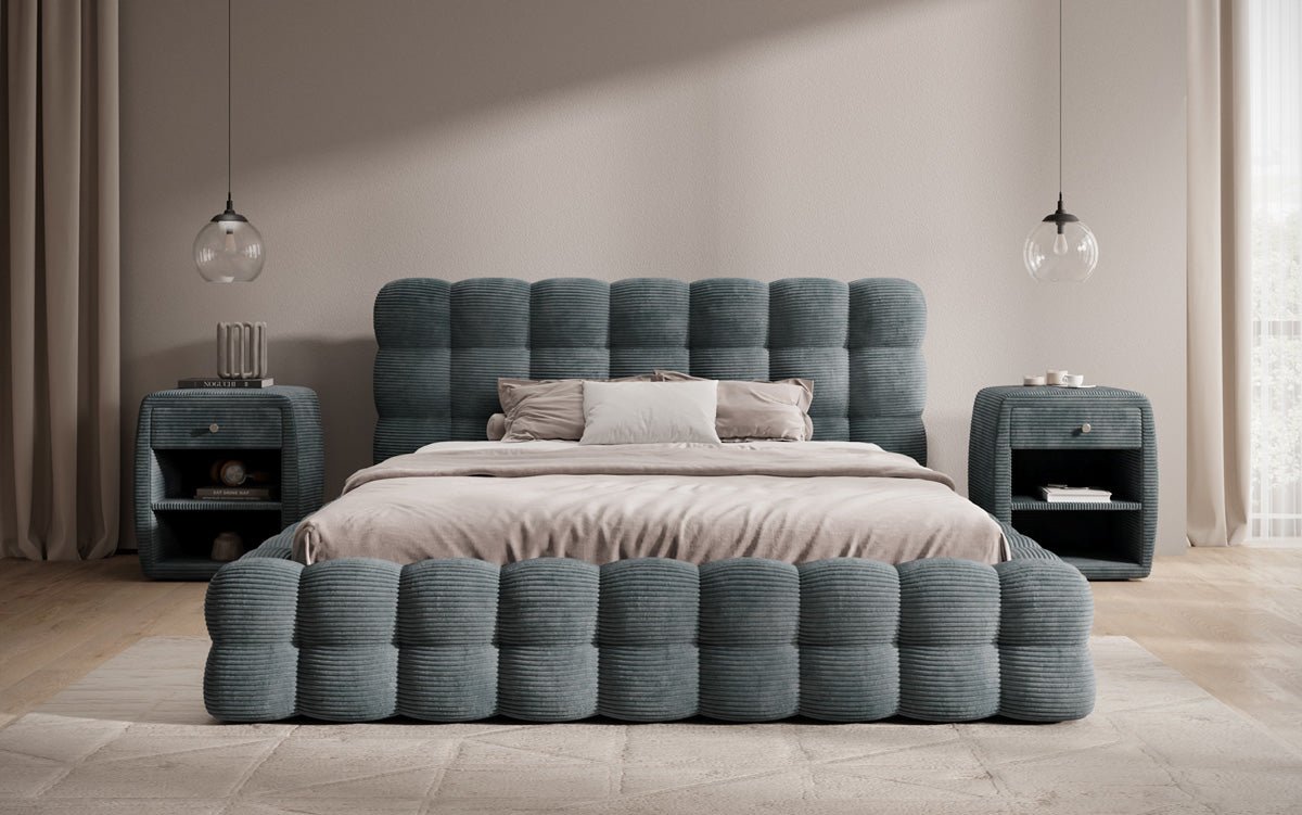 Lit rembourré design Calimo en côtelé avec rangement