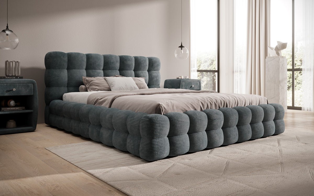 Lit rembourré design Calimo en côtelé avec rangement