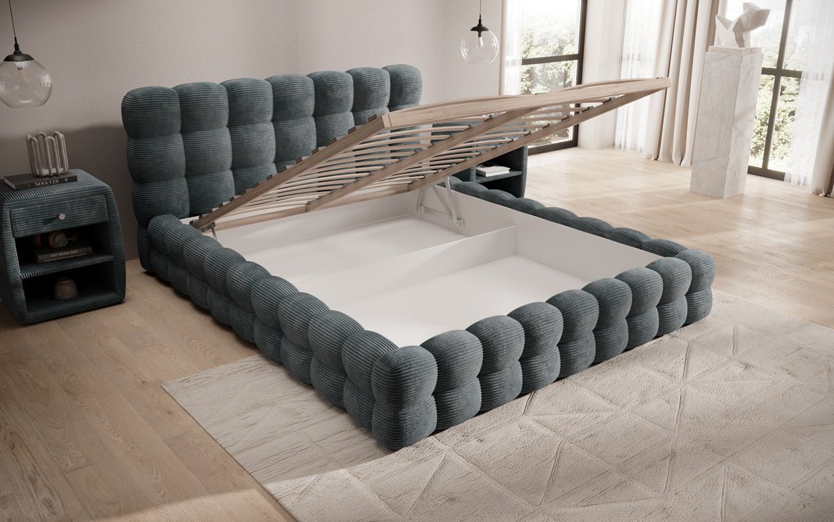 Lit rembourré design Calimo en côtelé avec rangement