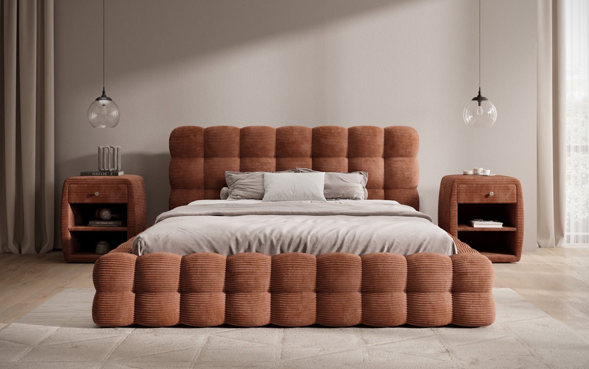 Lit rembourré design Calimo en côtelé avec rangement
