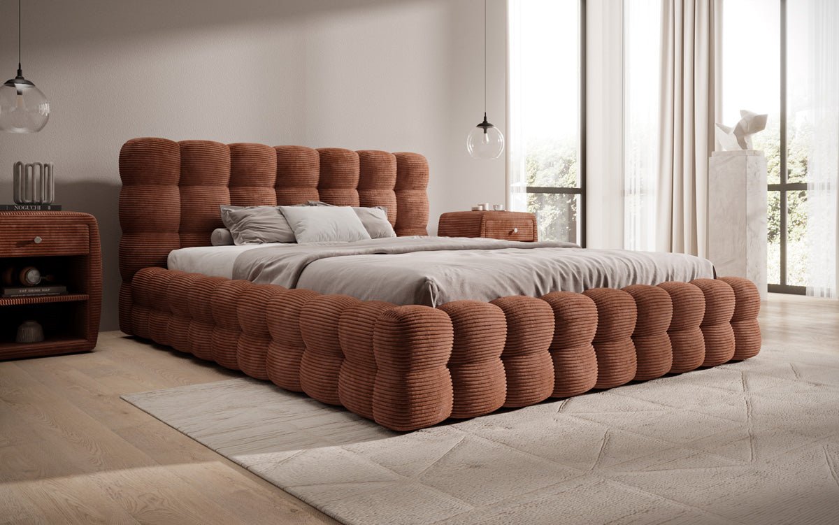 Lit rembourré design Calimo en côtelé avec rangement