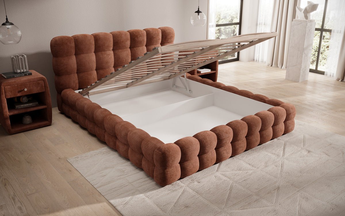 Lit rembourré design Calimo en côtelé avec rangement