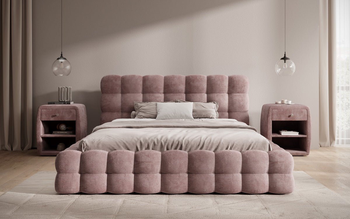 Lit rembourré design Calimo en côtelé avec rangement
