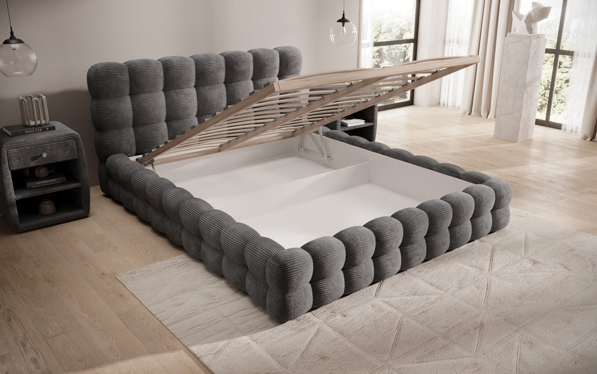 Lit rembourré design Calimo en côtelé avec rangement
