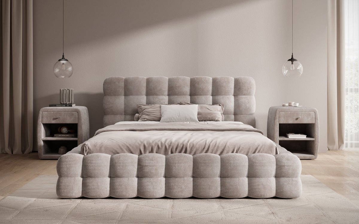 Lit rembourré design Calimo en côtelé avec rangement