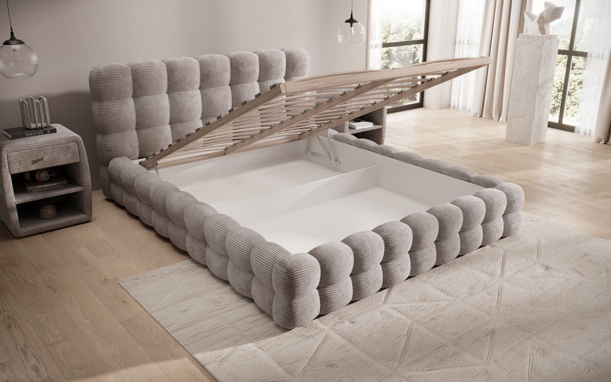 Lit rembourré design Calimo en côtelé avec rangement