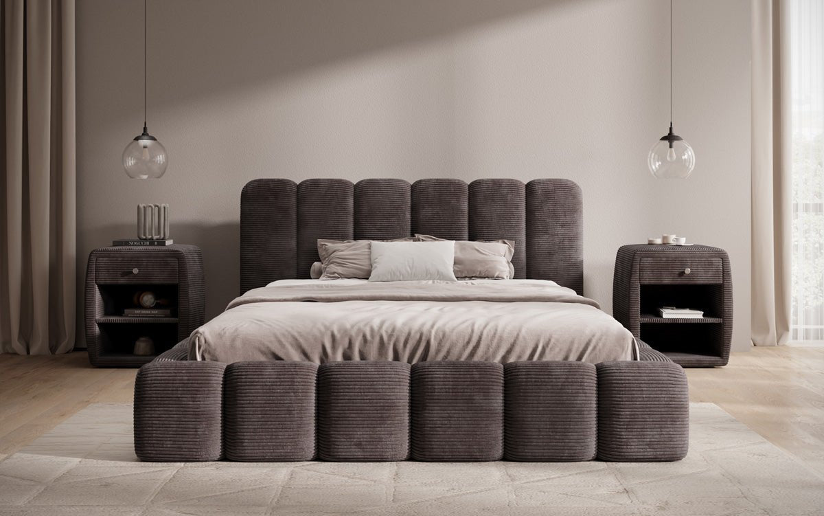 Lit rembourré design Tevara en côtelé avec rangement