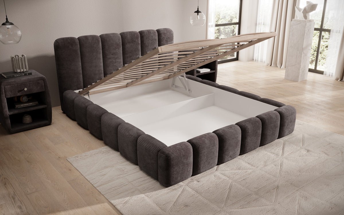 Lit rembourré design Tevara en côtelé avec rangement