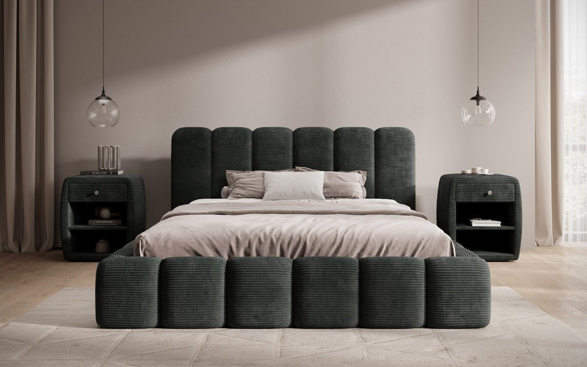 Lit rembourré design Tevara en côtelé avec rangement