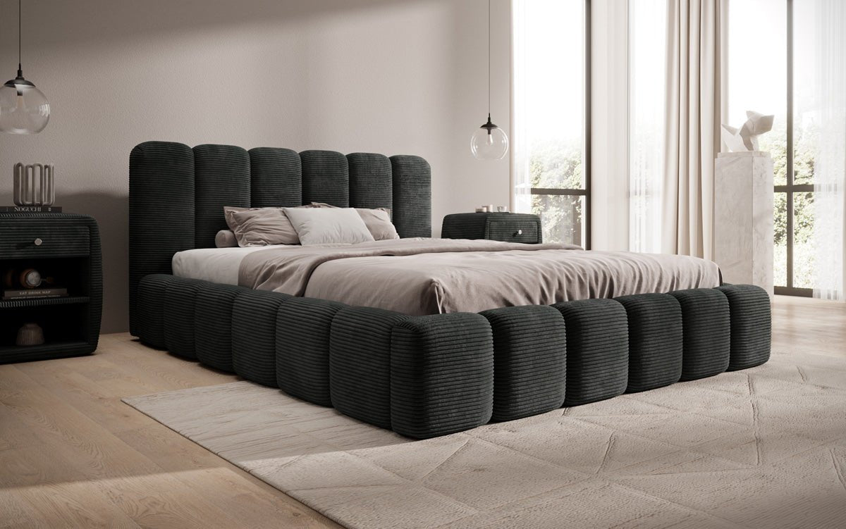 Lit rembourré design Tevara en côtelé avec rangement