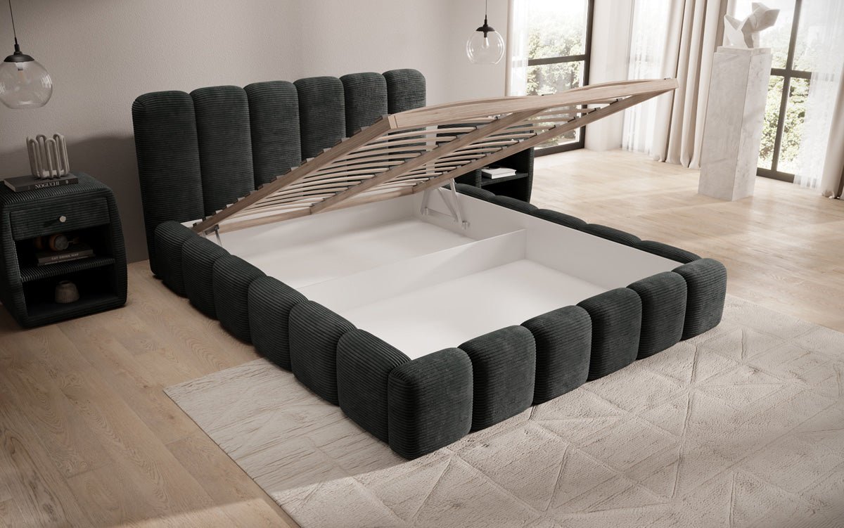 Lit rembourré design Tevara en côtelé avec rangement