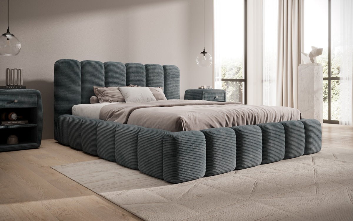 Lit rembourré design Tevara en côtelé avec rangement