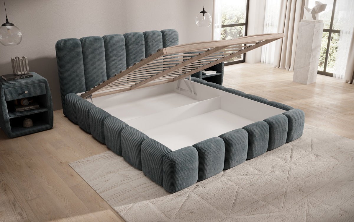 Lit rembourré design Tevara en côtelé avec rangement