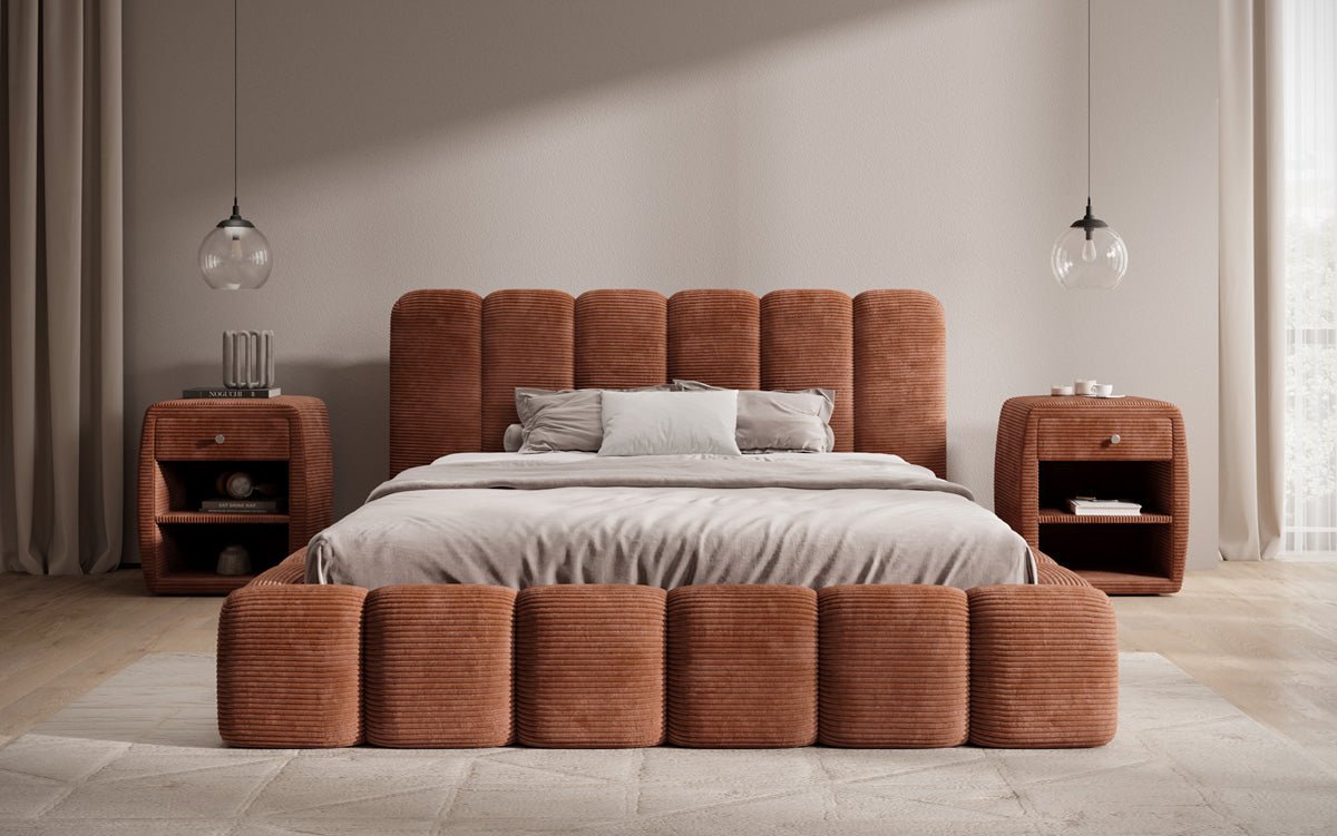 Lit rembourré design Tevara en côtelé avec rangement