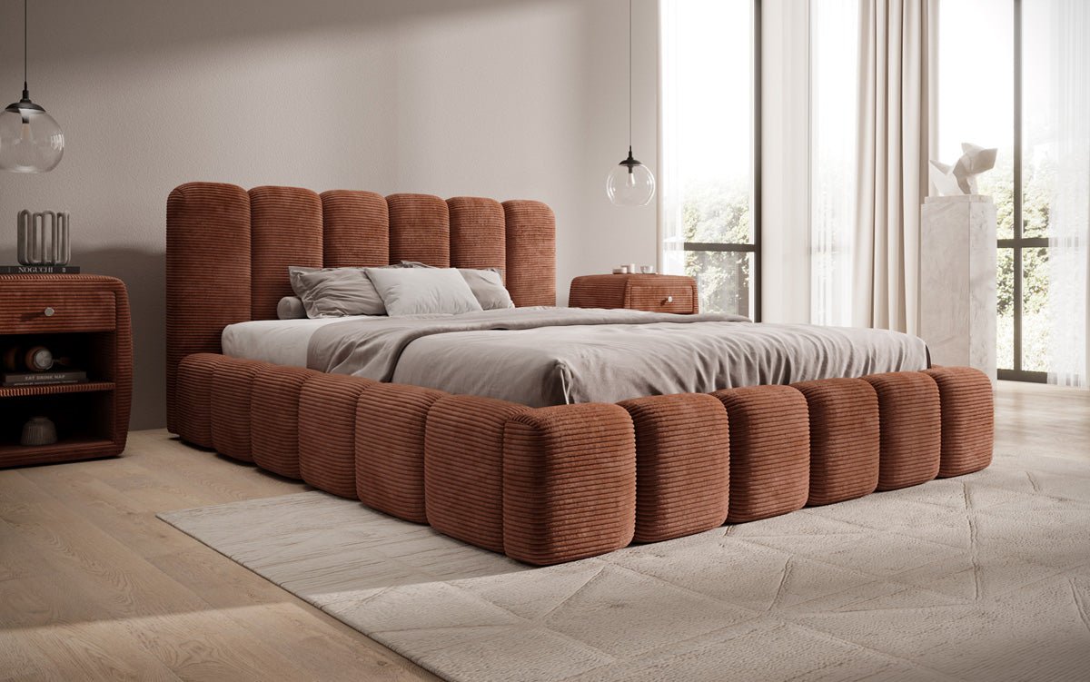 Lit rembourré design Tevara en côtelé avec rangement