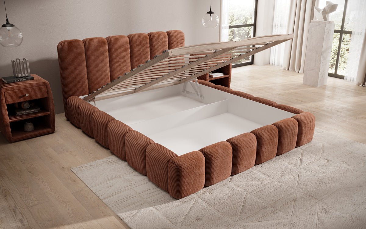 Lit rembourré design Tevara en côtelé avec rangement