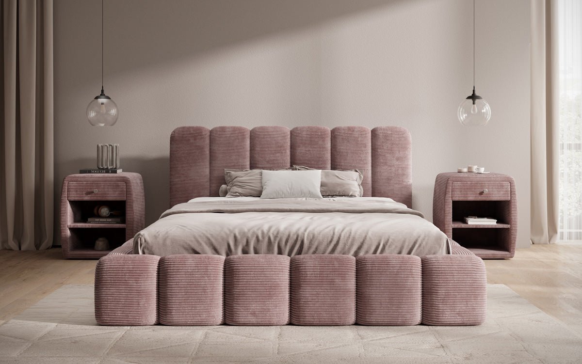 Lit rembourré design Tevara en côtelé avec rangement