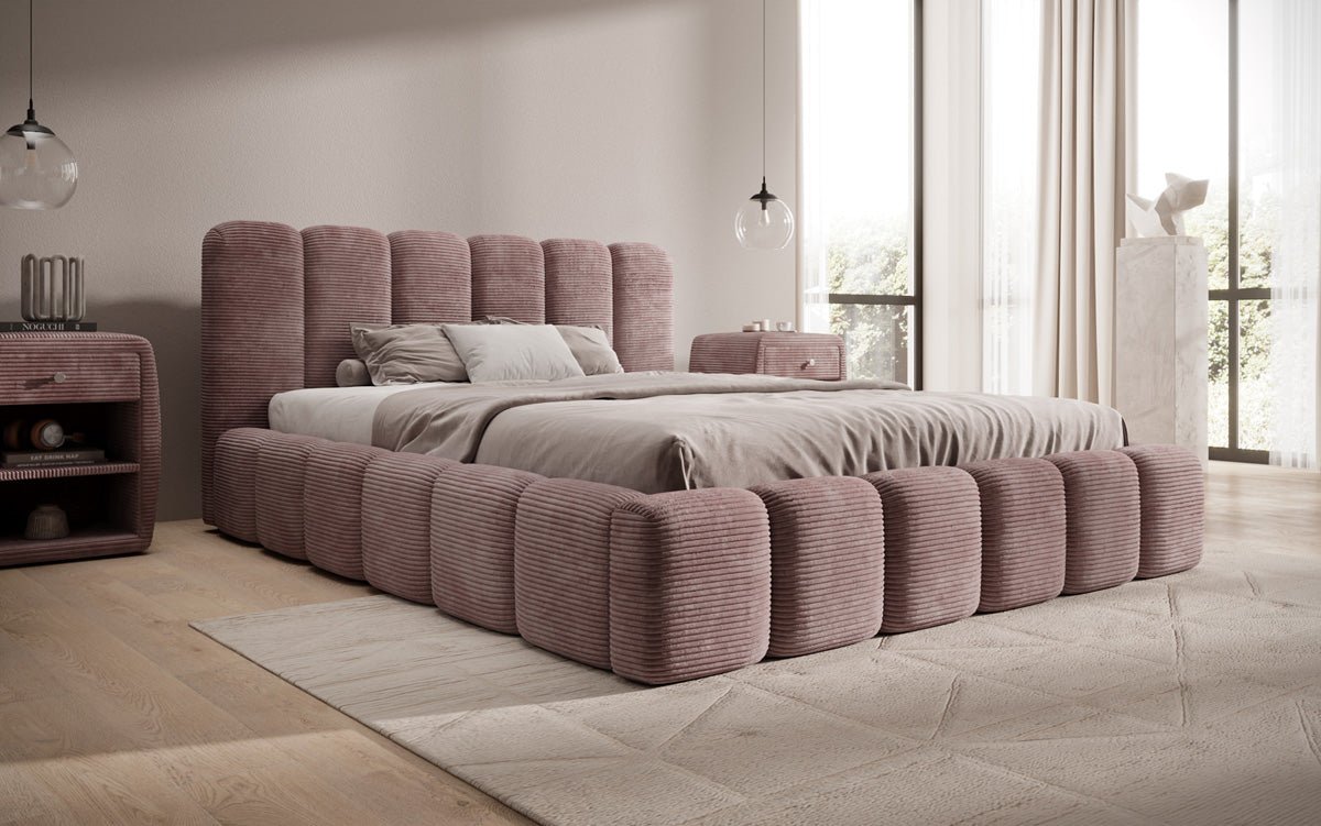 Lit rembourré design Tevara en côtelé avec rangement