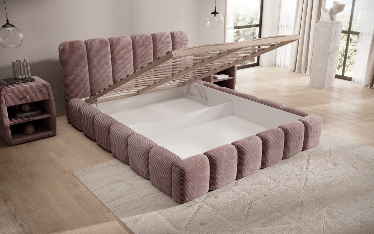 Lit rembourré design Tevara en côtelé avec rangement