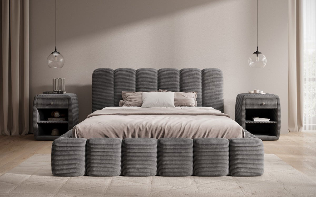 Lit rembourré design Tevara en côtelé avec rangement