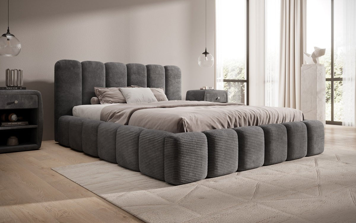 Lit rembourré design Tevara en côtelé avec rangement