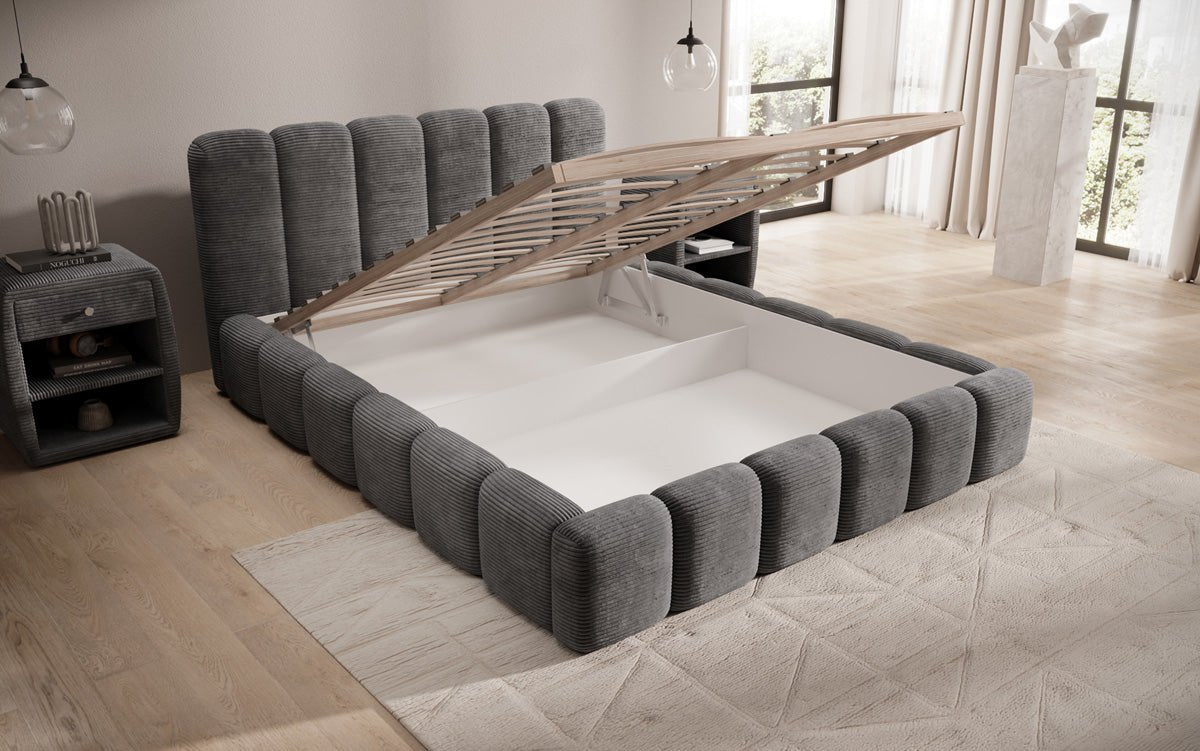 Lit rembourré design Tevara en côtelé avec rangement
