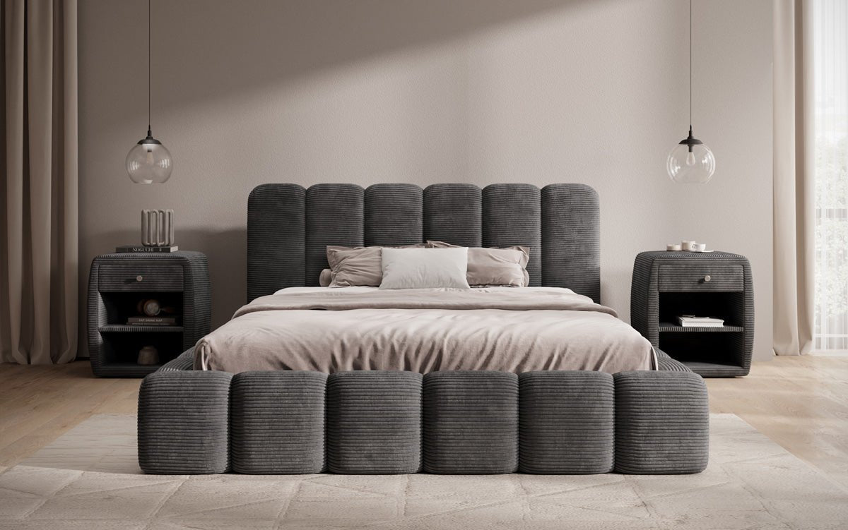 Lit rembourré design Tevara en côtelé avec rangement