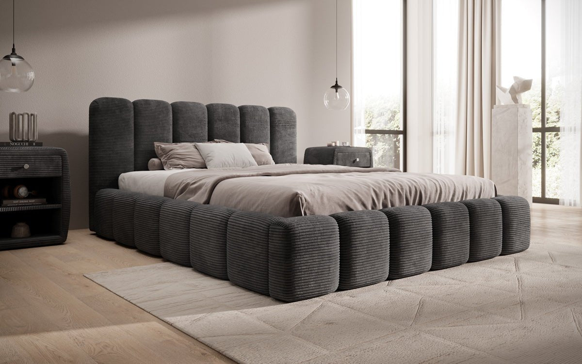 Lit rembourré design Tevara en côtelé avec rangement