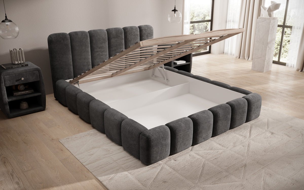 Lit rembourré design Tevara en côtelé avec rangement