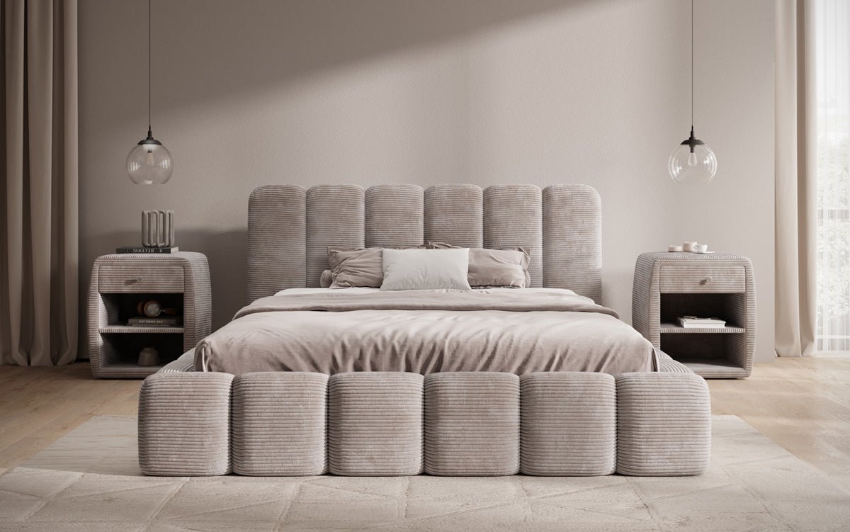 Lit rembourré design Tevara en côtelé avec rangement