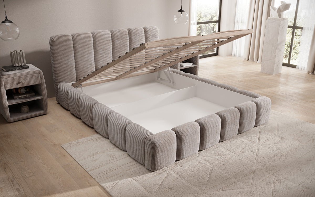 Lit rembourré design Tevara en côtelé avec rangement
