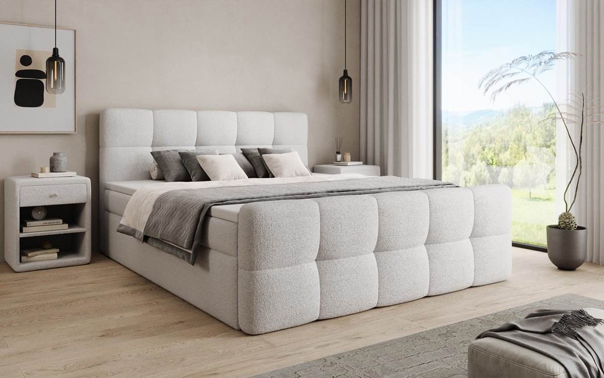 Lit boxspring Cozy en peluche Bouclé avec rangement