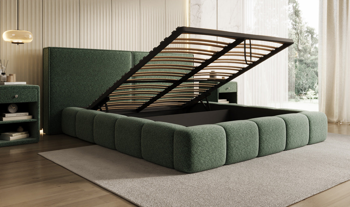 Designer Polsterbett Elise in Strukturstoff mit Stauraum