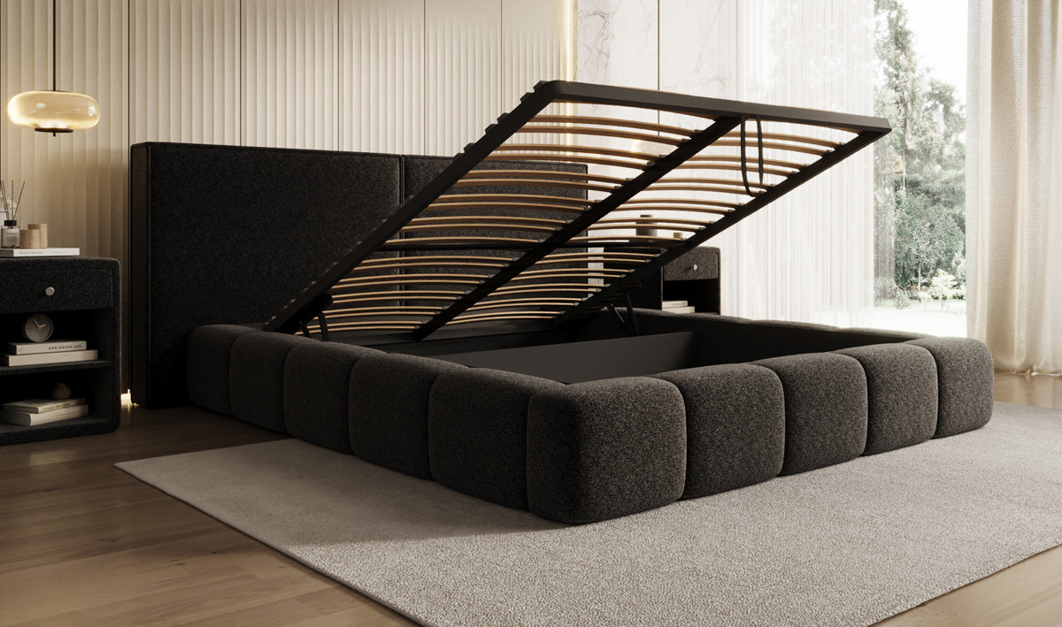 Designer Polsterbett Elise in Strukturstoff mit Stauraum