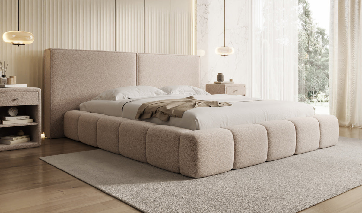 Designer Polsterbett Elise in Strukturstoff mit Stauraum